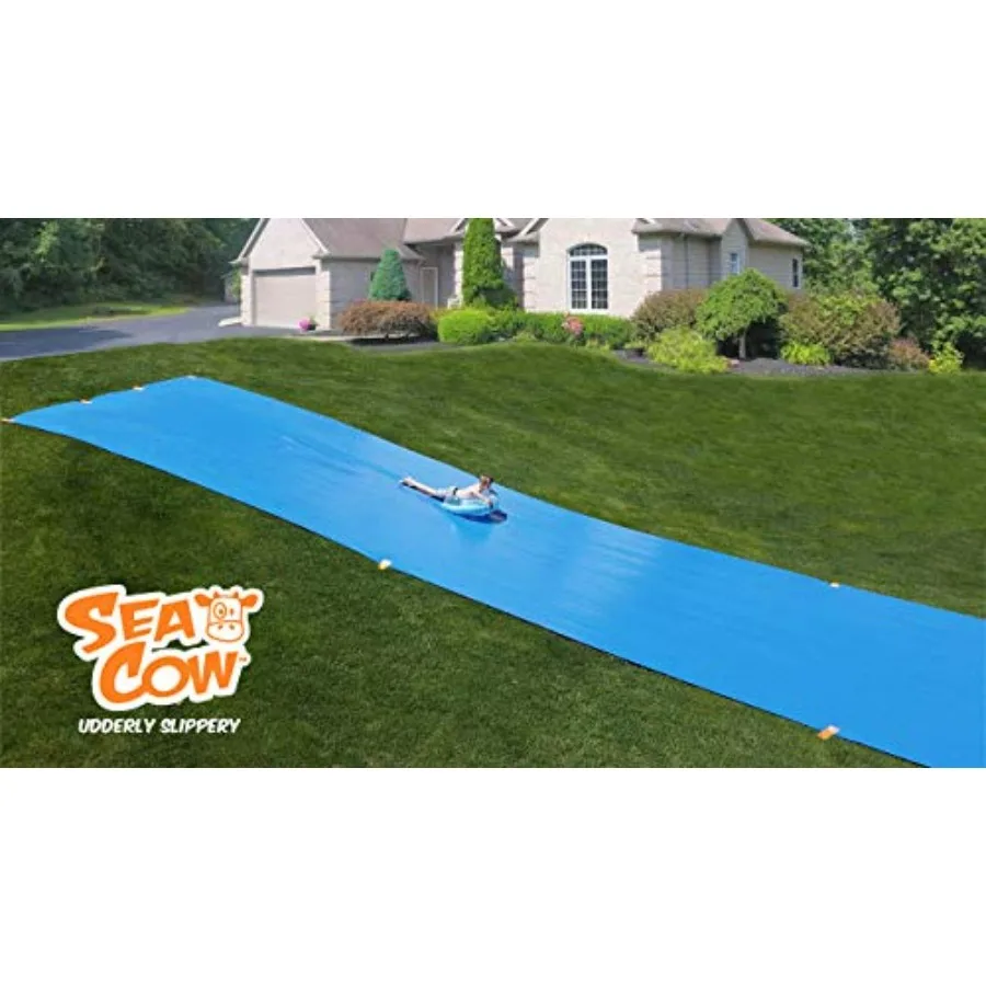 Backyard water slide for outdoor use, blue inflatable vinyl material, vibrant blue color, 50-foot length with peel-n-stik faste