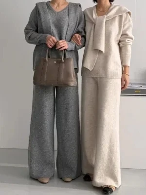 سترة محبوكة فضفاضة بياقة على شكل V على الطراز الكوري، سترة نسائية أنيقة، شال، بنطلون واسع الساق، طقم خريفي من ثلاث قطع عصري
