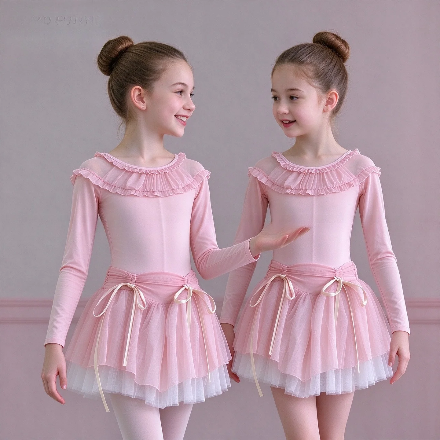 Girls Long Sleeve Ballet Leotard Skirts Floral Ruffle Mesh Neck Kids Ballet Dance Costume Skirts Leotard For Gymnastics Training
