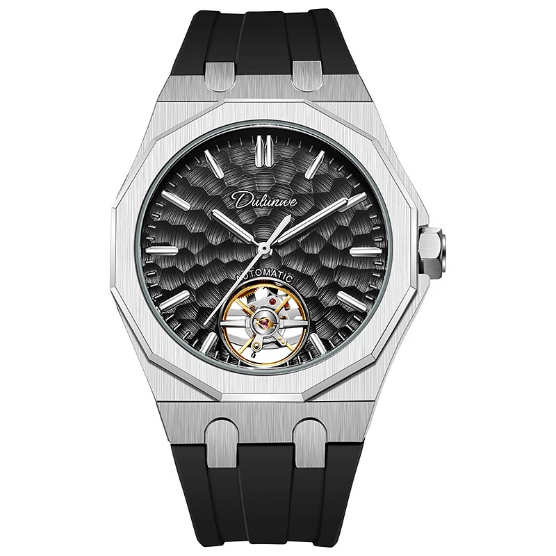 Dulunwe Men Automatic Mechanical Watch, Octagonal Case Hollow Flywheel Wave Dial Luminous Waterproof  Wristwatch