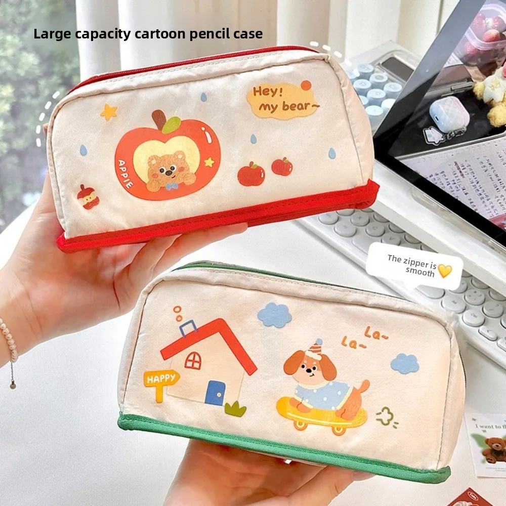 Cartoon Stationery Storage Bag Partitioned Compartments Large Capacity Pencil Case Happy Dog Apple Bear