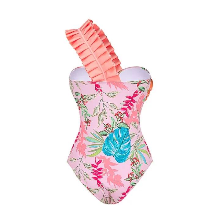 One Piece Swimsuit For Women Ruffle Pleated Shoulder Floral One-piece Swimsuit Women's Foreign Trade Swimsuit Amazon