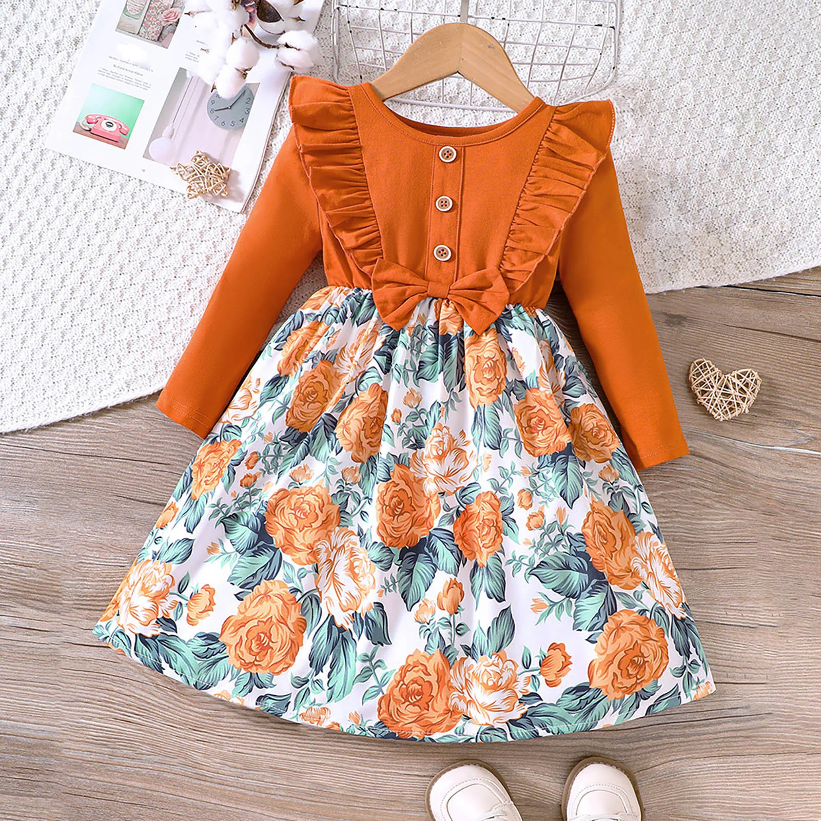 Long Sleeve Floral Dress For Toddler Girls Autumn Ruffles Bowknot Flowers Print Princess Dress Children Party A-Line Grown Dress