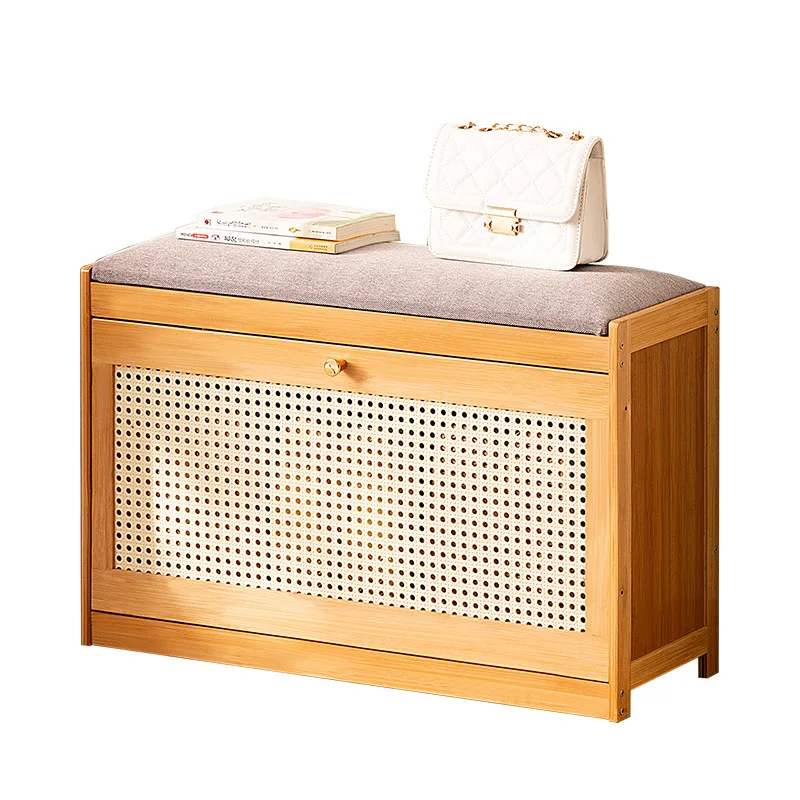 Modern Natural Bamboo Shoe Cabinet - Simple Changing Shoe Stool with Tipping Bucket Storage Soft Cushion Entrance Bench