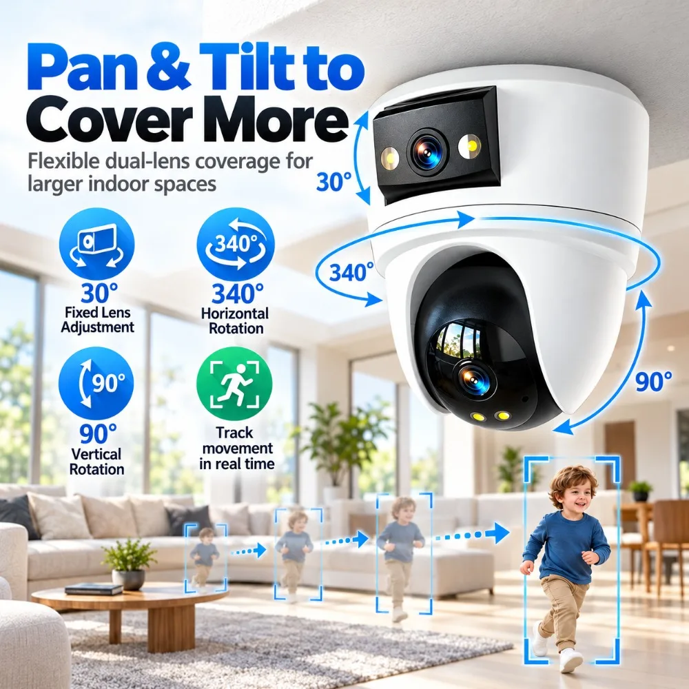 Dual Lens Wi-Fi IP Camera Indoor Home Security PTZ 340 Degree Pan 90 Degree Tilt Human Detection Alerts App Control Two Way Talk