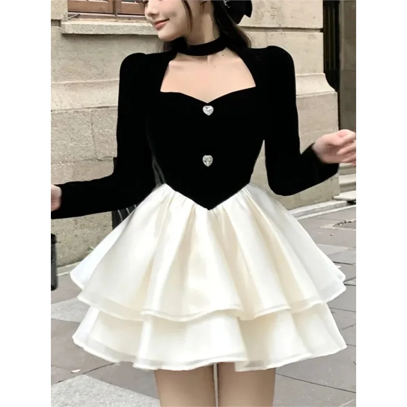 

Y2K Mini Princess Dress Women Velvet Patchwork Layered Ruffles A-Line Autumn Spring Elegant Vintage Evening Party Vestidos Mujer
