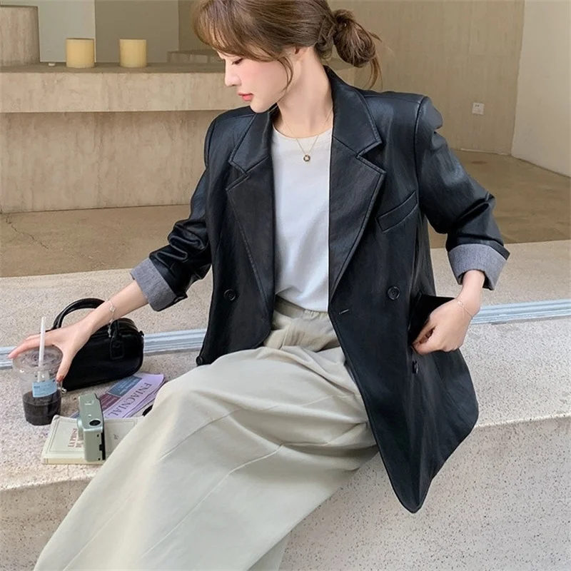 Spring Autumn Women Korean Casual Leather Jacket High-end Fashion Simple Suits Soft Leather Jacket Female PU Leather Blazer Coat
