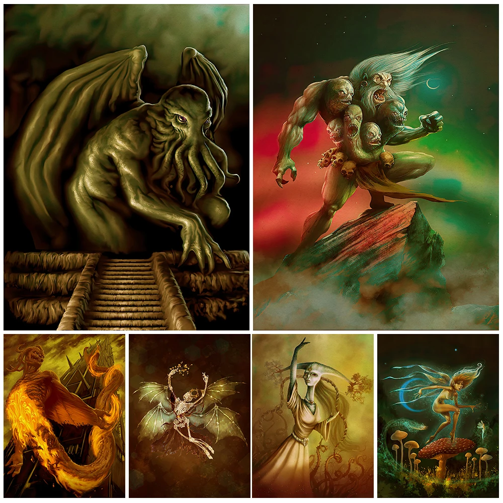 

Mushroom Elf,Cthulhu,Witch Ghost Vintage Wall Art Canvas Painting Rose For The Devil Art Poster And Print For Living Room Decor