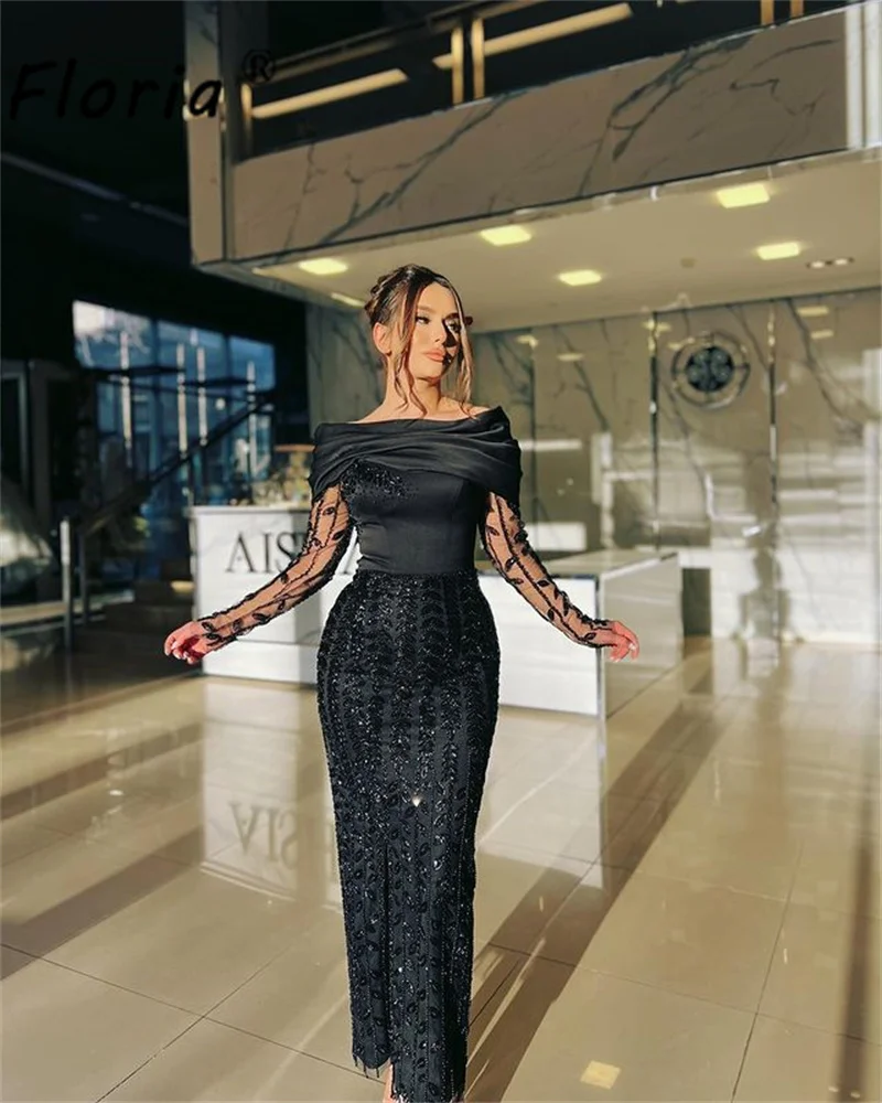 Elegant Black Off the Shoulder Bodycon Evening Dress 2024 Full Beads Long Sleeve Slit Prom Dresses Specail Occasion Gowns Newest