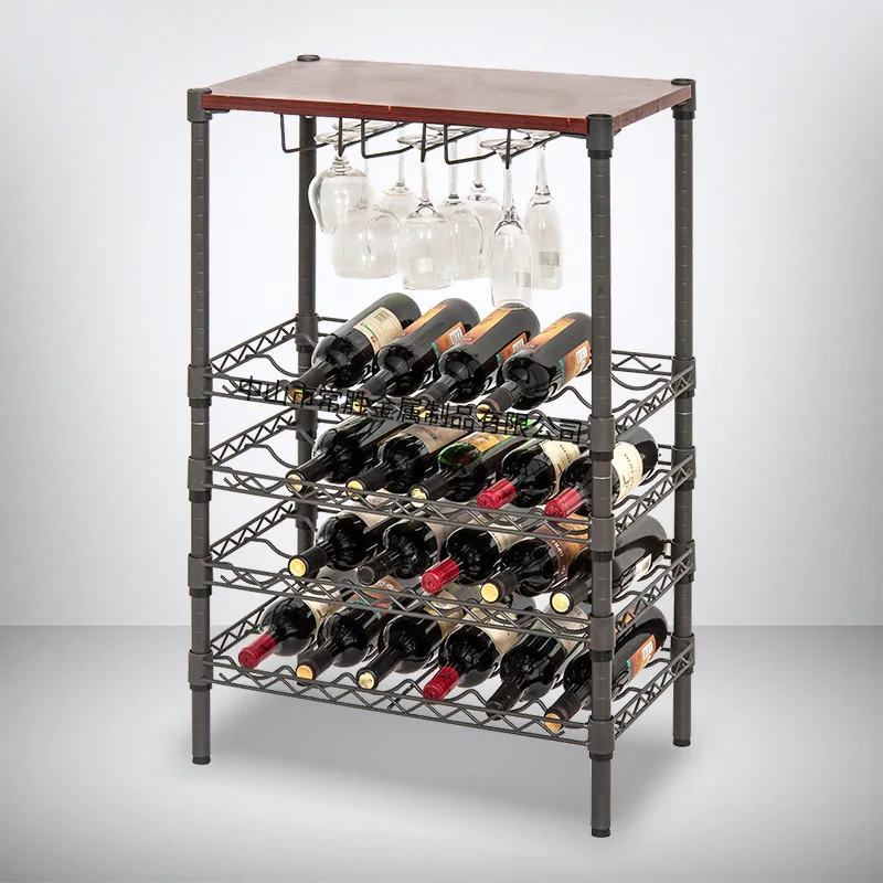 

New Iron Red Wine Rack Multi Layer Wine Storage Rack Can Hang Wine Glasses Top Layer with Wooden Board Bottle Holder Shelves