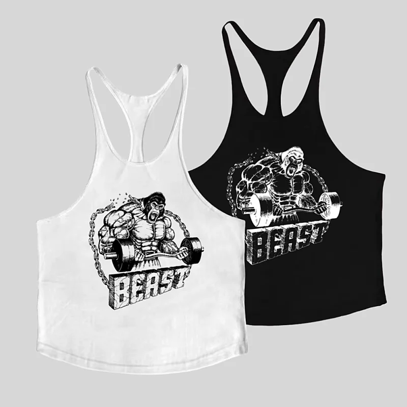

2025-Men's Gym Stringer Bodybuilding Vest - Fitness Sleeveless Shirt, Printed Cotton Muscle Undershirt, Breathable Fabric