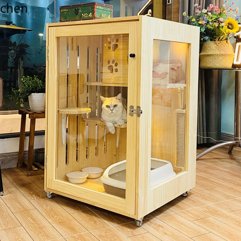 solid wood villa cage cat house luxury cat nest display cabinet double layer side transparent