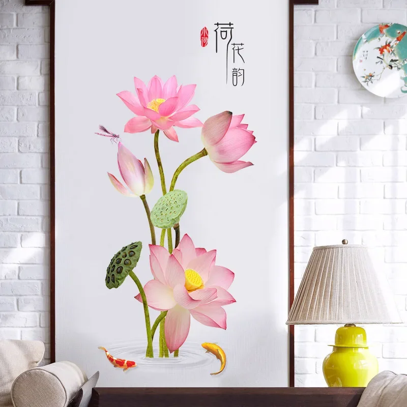 Chinese Style Lotus Flower Wall Stickers Home Decor 3d Wallpaper Large Wall Decals Living Room Wall Decor 2026 Christmas