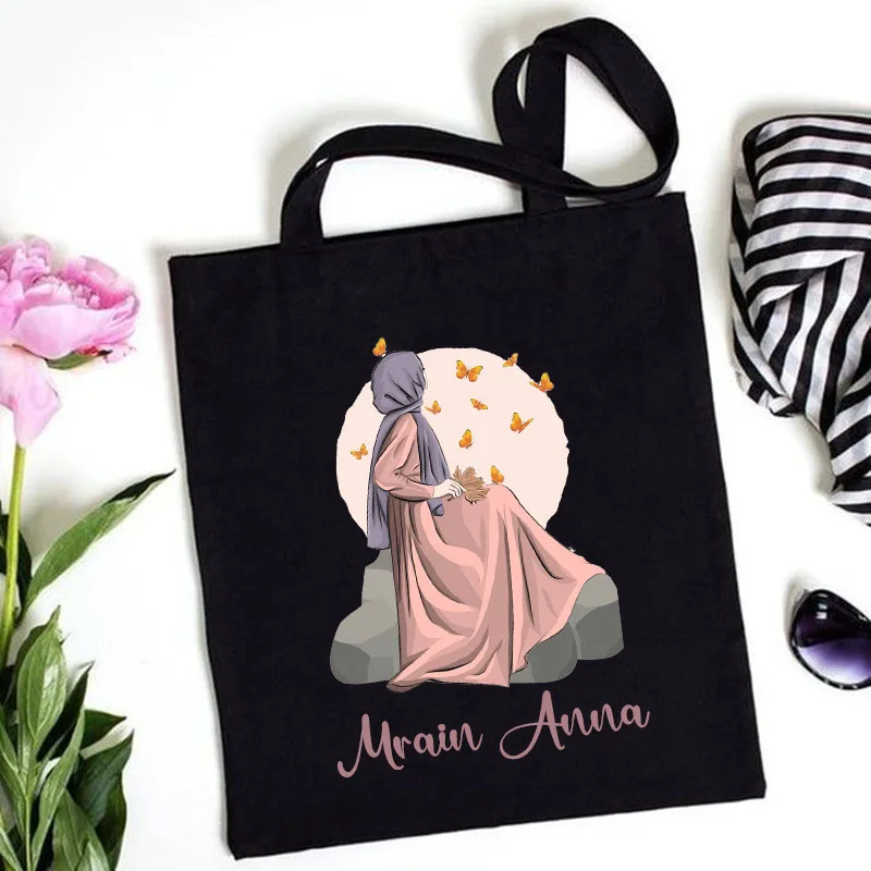 Personalised Hijabi Girl Shoulder Bag Female Travel Canvas Bags Muslim Girls Gifts Custom Name Handbag Harajuku Totes Eid Gifts