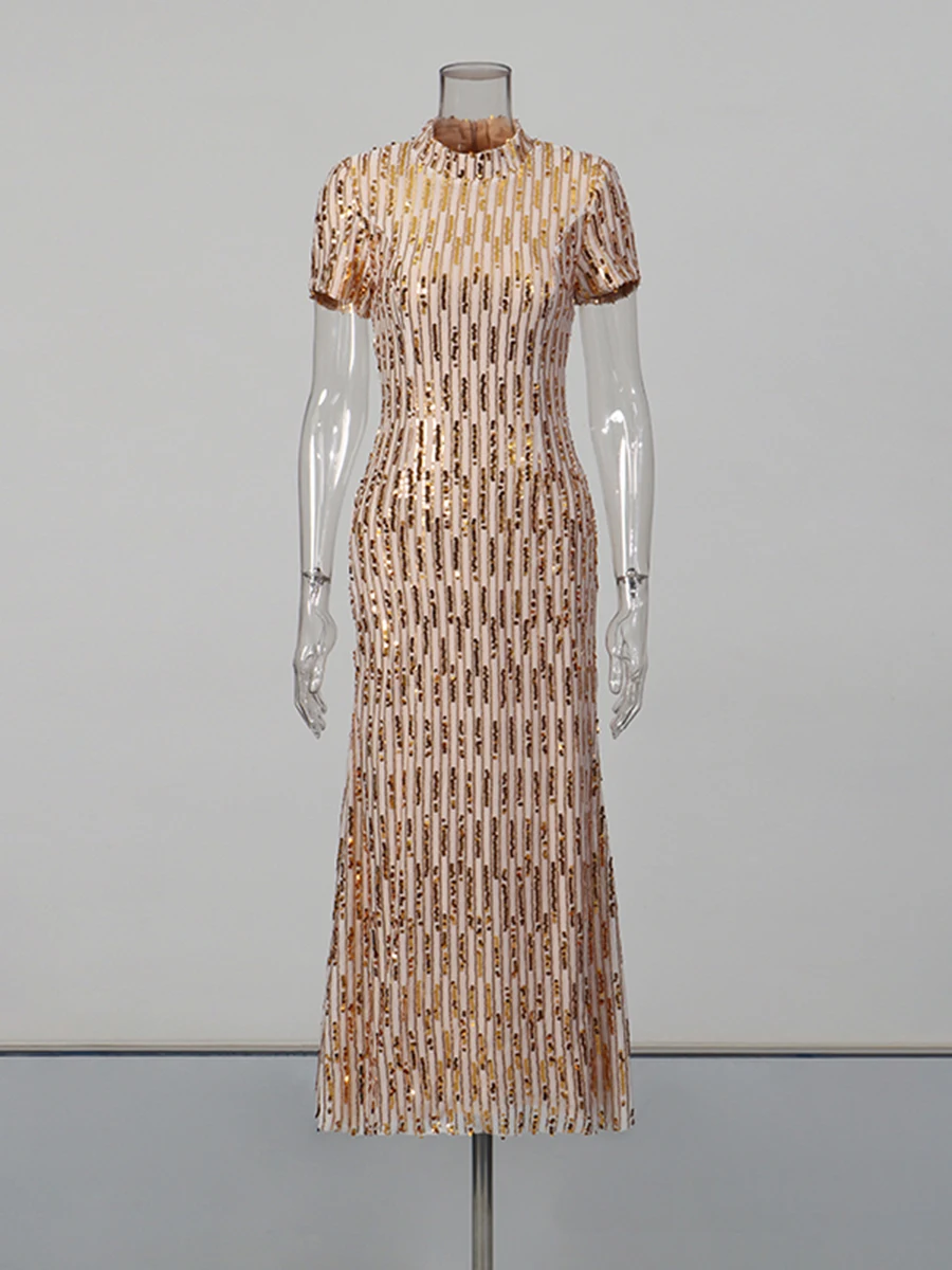 CHICEVER Gold Spliced Sequins Chic Dress Female O Neck Short Sleeve Loose Luxury Intellectual Women's Dresses Summer Style New
