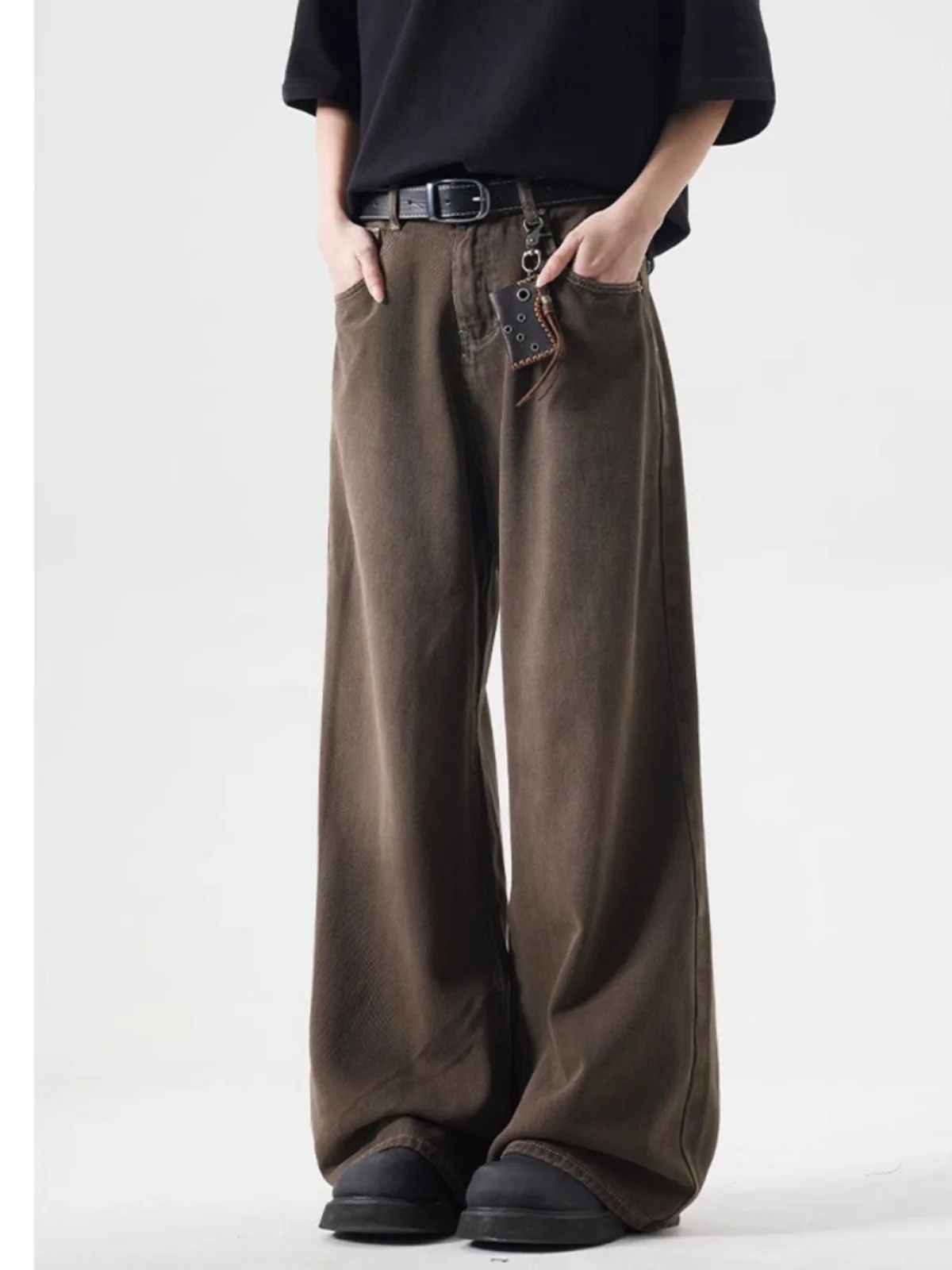 American Washed Vintage Brown Jeans Men's Loose Straight Leg Drapey Wide Leg Long Trousers Autumn Casual Cotton Polyester