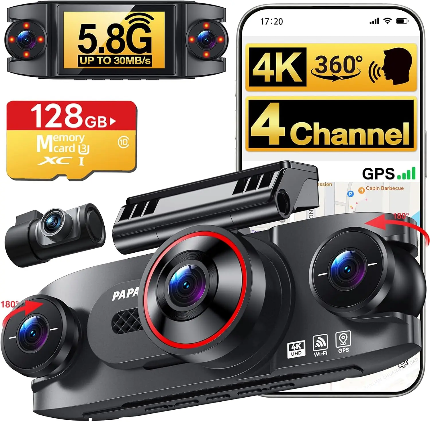 4 Channel 360 Dash Cam 4K Front 1080P Rear Left Right 5GHz WiFi 30MBs 128GB SD Card Voice Control APP GPS 3 Inch IPS Screen Nigh