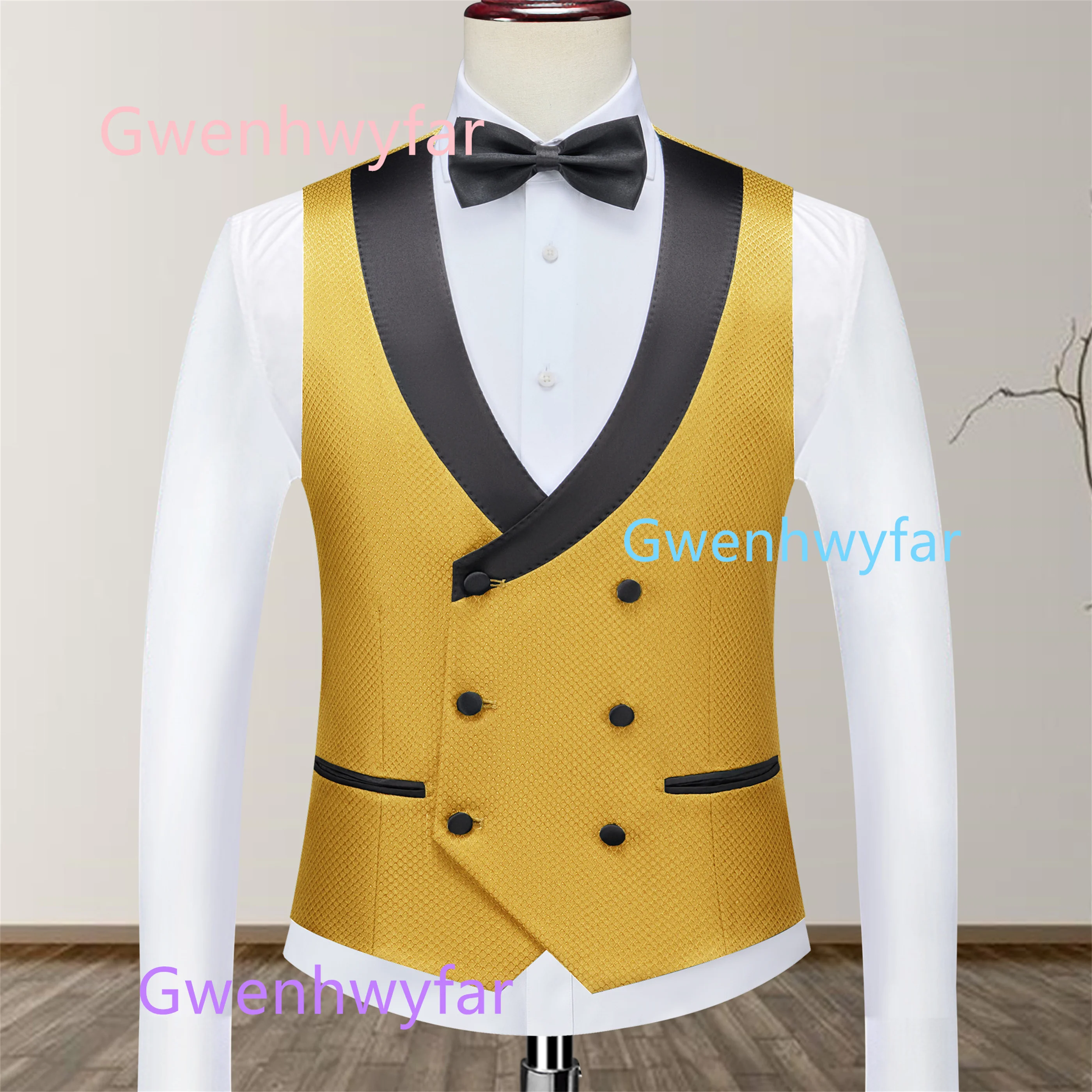 

Gwenhwyfar Men's Jacqaurd Party Vest Fashion Gold Blue Green Pink Grid Waistcoat Double Breasted Satin Black Lapel Vest for Men