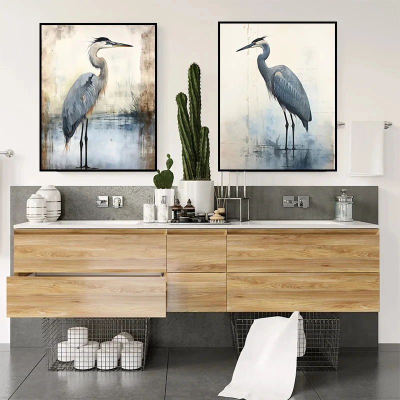 Retro Blue Egret Watercolor Style Minimalist Swamp Bird Wall Art Poster Canvas Painting Printmaking Images Home Decoration