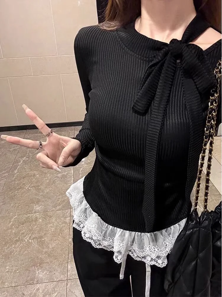 Women's Long Sleeve T-Shirt with Bow Tie Lace under Shirt Ballet Style Fashionable Versatile Base Top Early Spring Fashion
