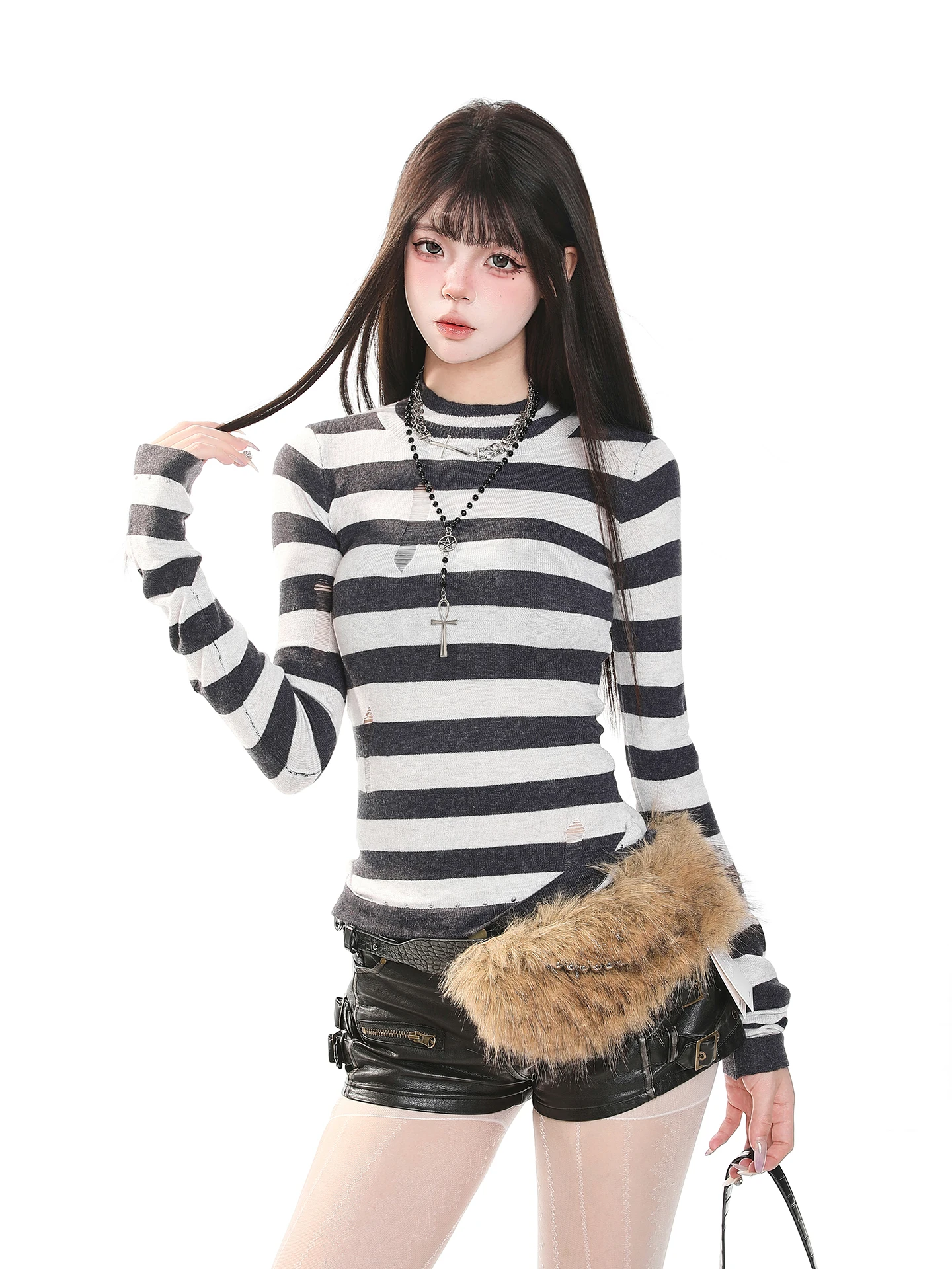 American Retro Casual Long Sleeve Knitted Sweater Women's Slim Fit Base Layer Top Spring Season High End Feeling Anti Aging