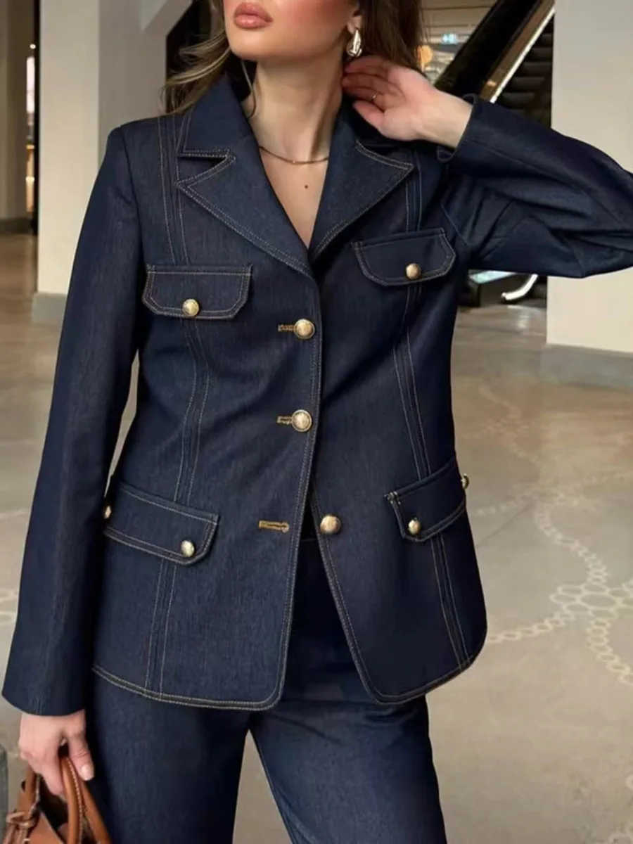 TWOTWINSTYLE Set Dua Potong Pelangsing untuk Wanita Kerah Lengan Panjang Sambungan Atasan Kancing Sebaris Celana Pinggang Tinggi Set Elegan Wanita