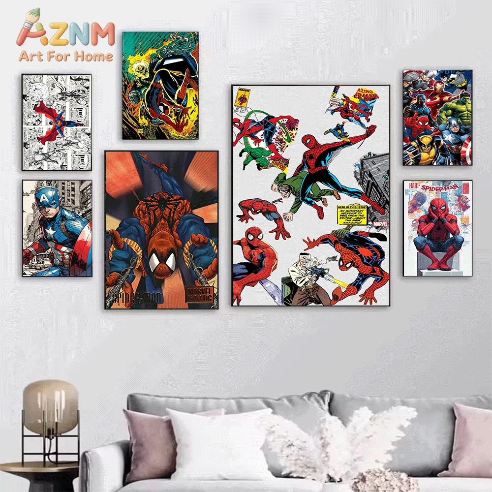 AZNM Captain America With Shield American Flag Background Canvas Wall Print, Classic Superhero Patriotic Comic Graphic Art Pos