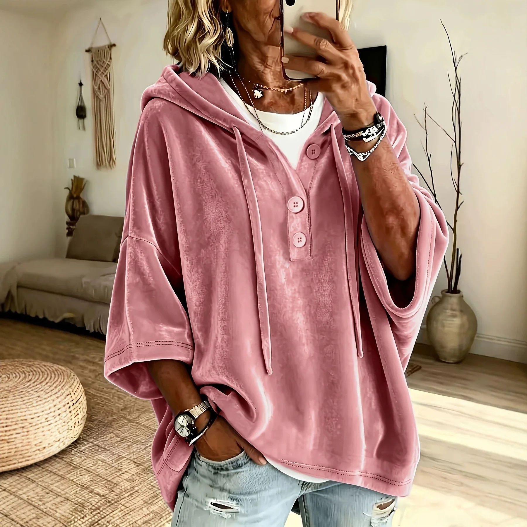 Hoodies women 2026 casual new solid-color velvet casual three-quarter sleeve top loose hooded sweatshirt women's clothing