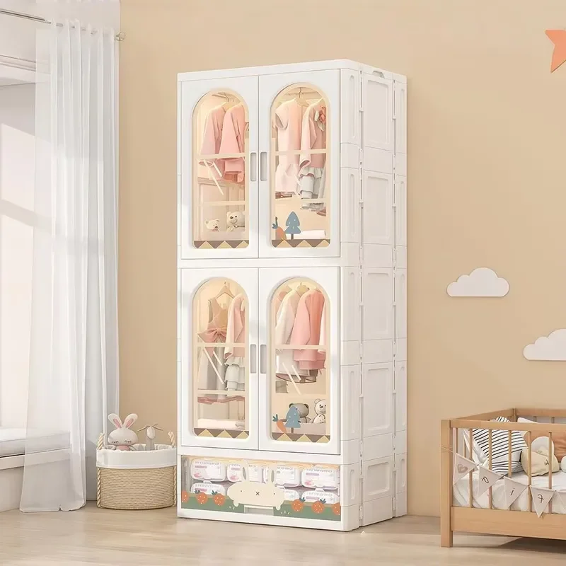 Portable Folding Double Door Locker PP Plastic Three Layer Wardrobe with Drawers for Bedroom Clothing Storage Cabinet