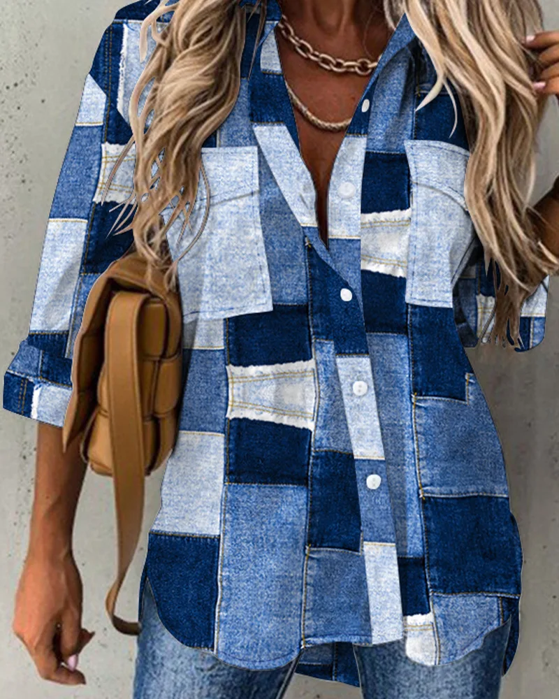 Denim Look Print Pocket Design Shirt Women Fashion Casual Plaid Summer Spring Fashion Casual Shirts Blouse