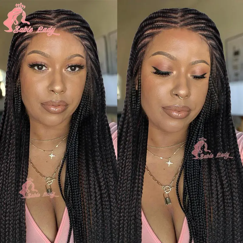 Synthetische volle Spitze geflochtene Perücken für schwarze Frauen 36 ''knoten lose Box geflochtene Perücke Spuren Zöpfe Perücke Faux Locs Cornrow Flechten Perücke