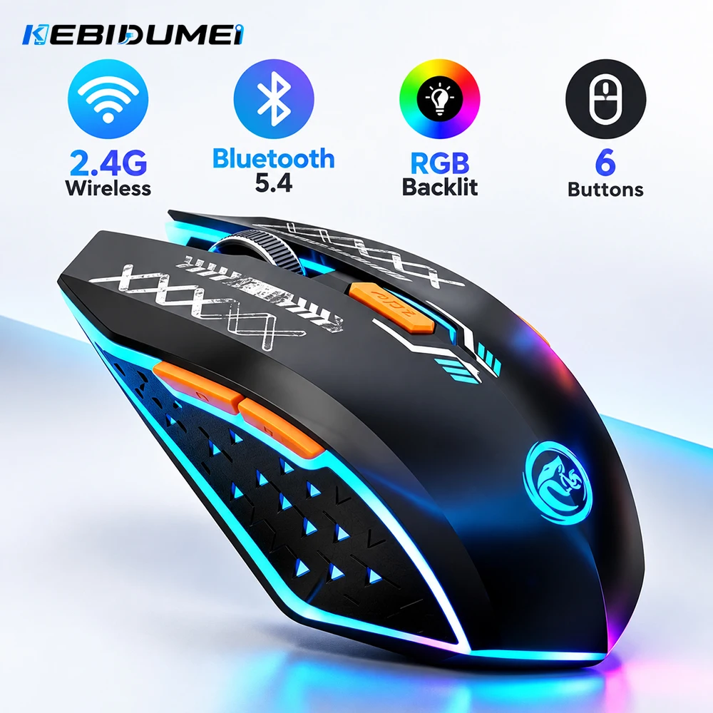 Rato Bluetooth 5.4 KEBIDUMEI, rato sem fios 2.4G, rato de jogos com retroiluminação RGB e modo duplo, rato silencioso recarregável para PC e portátil.