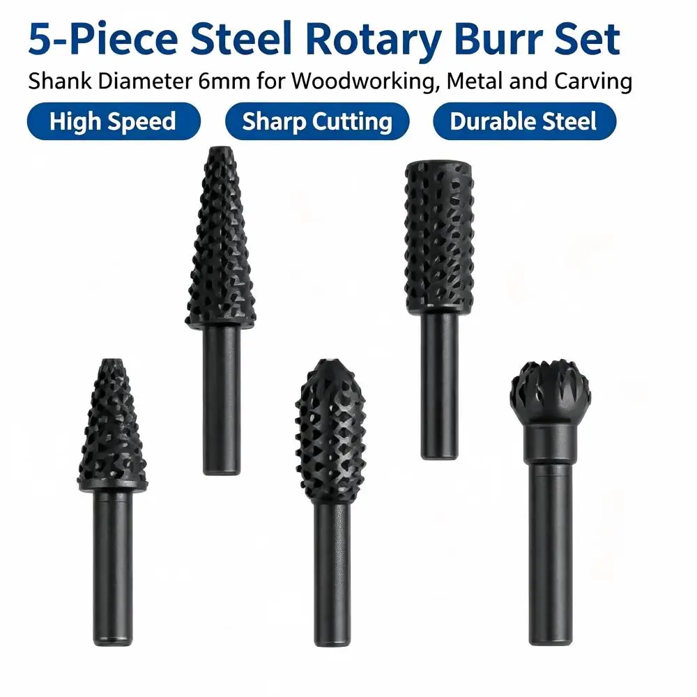 5Pcs Shank Rotary File Grinding Bits, Cutting Carving Burrs for Woodworking Soft Metal Polishing Electric Grinder Accessories