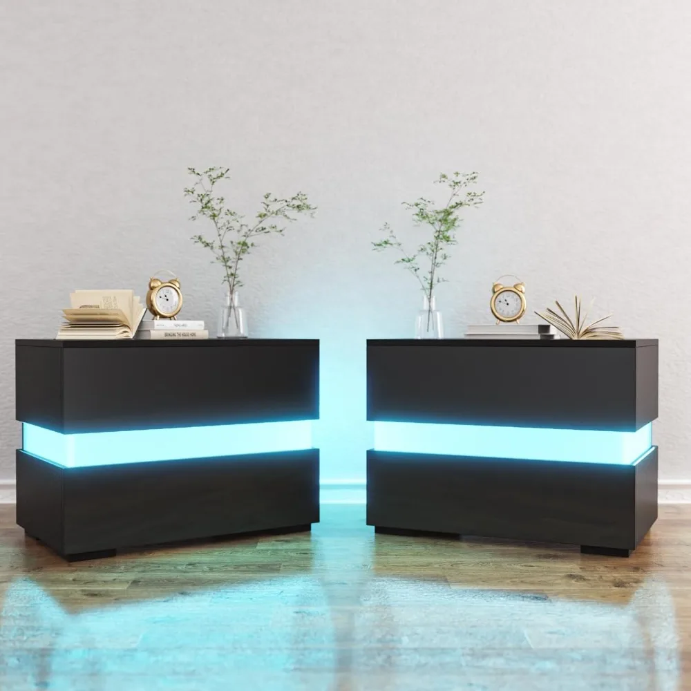 

Set of 2 LED Nightstands Nightstand with 2 Drawers High Gloss Night Stands with 16 Colors LED Lights Side Table