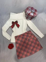 Jesień Zima Słodka Dzianina Dwuczęściowe Zestawy Kobiety Elegancka Kokarda Sweter Topy Retro Plaid Mini Spódniczka Garnitur Harajuku Seksowne Stroje Y2k