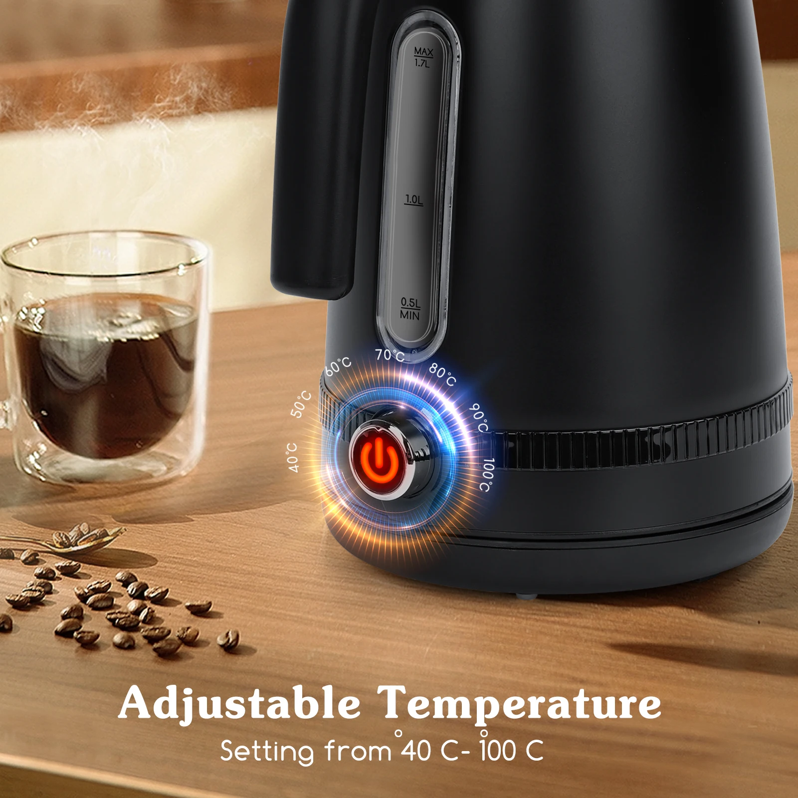 غلاية كهربائية ايجوستار 2200 وات 1.7 لتر من الفولاذ المقاوم للصدأ درجة حرارة قابلة للتعديل. أسود