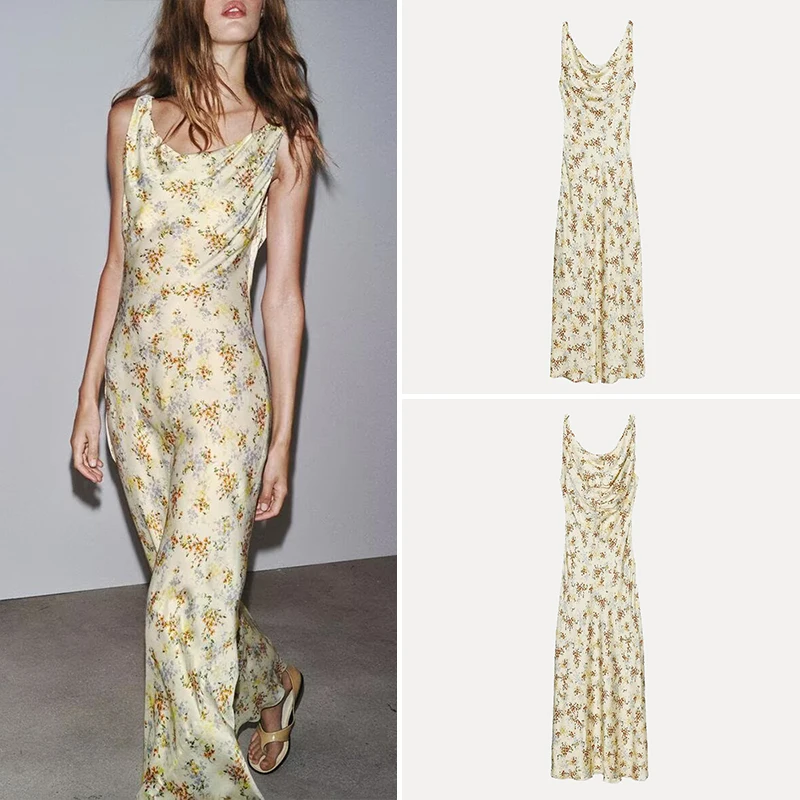 Ele Hohe Taille Blumendruck Satin Feel Damen Dr Vielseitig Sommer Neuankömmling Langes Kleid Polyesterfaser Svel