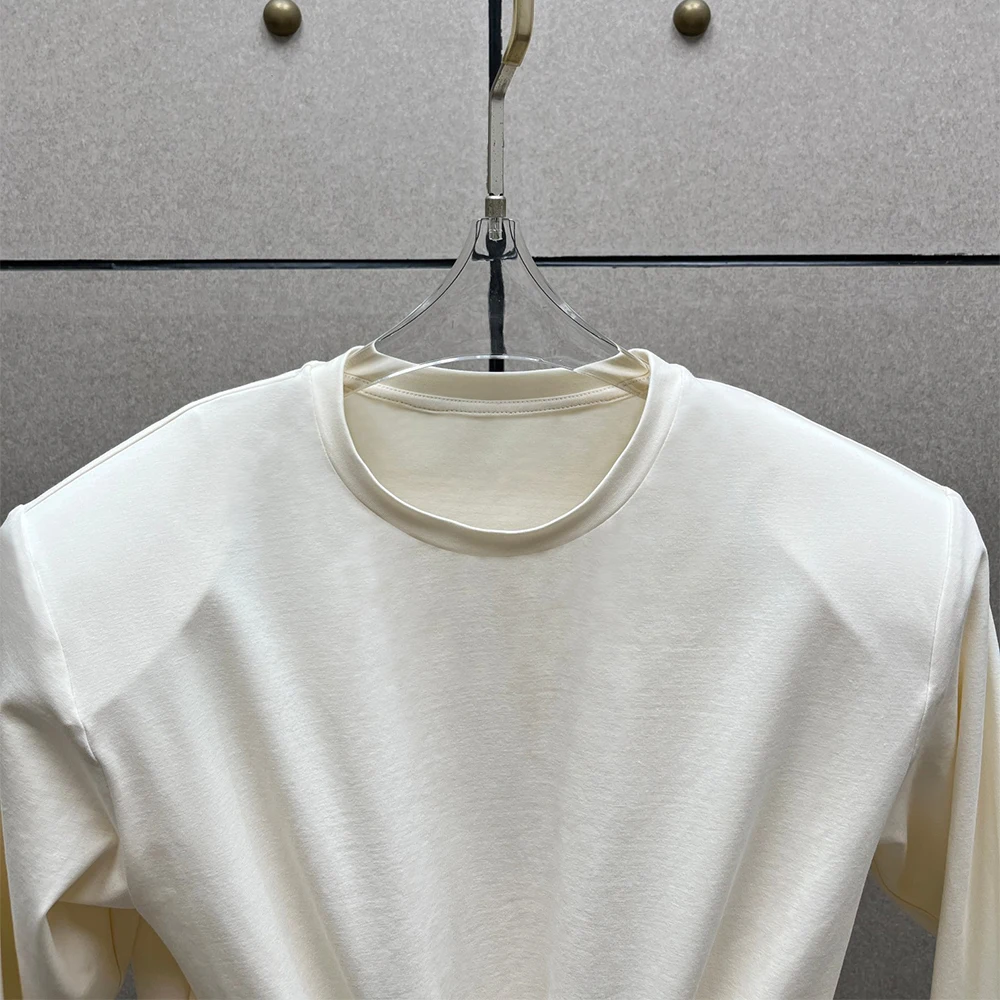Ladies Cotton‑blend Long Sleeve Tee Crew Neck Front Twisted Knot Ruched Slim Fashion Cropped T‑Shirt Women Casual Daily Tops
