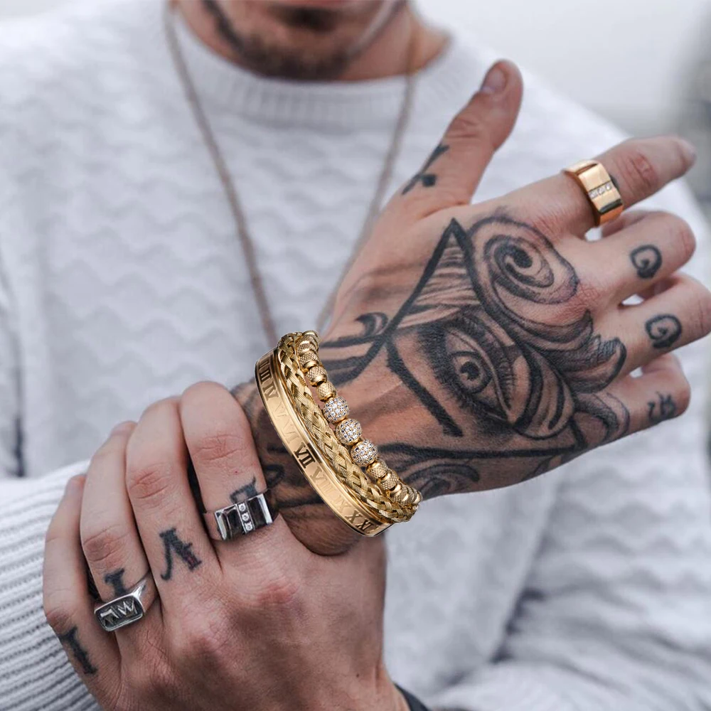 luxury micro laid round beads Roman numerals Royal Charm Men's Bracelet Stainless Steel Bracelet Couple Handmade Jewelry Gift