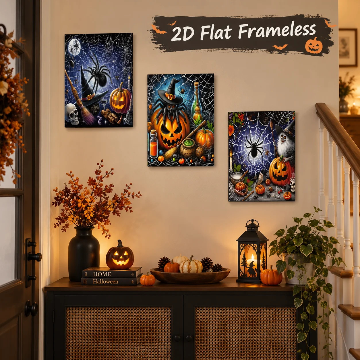 3 Spider Web Spider Pumpkin Wizard Decoration Paintings, Halloween Dark Elements, Suitable for Living Room and Entrance, Home Wa