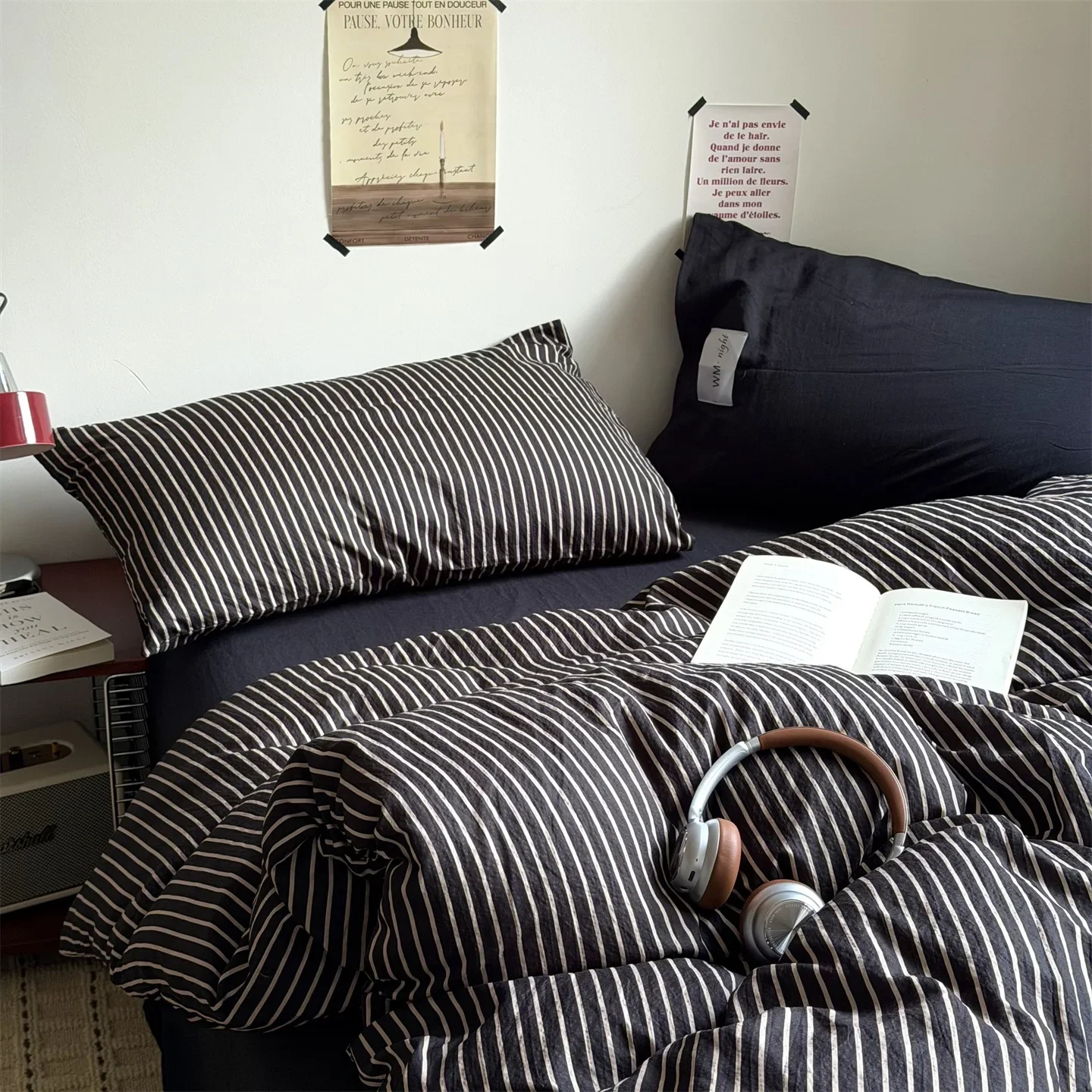 Simple Striped Bedding Set Washable Cotton Dark Gray Quilt Cover With Pillowcases Bed Sheet Set Skin-Friendly Soft Single Twin