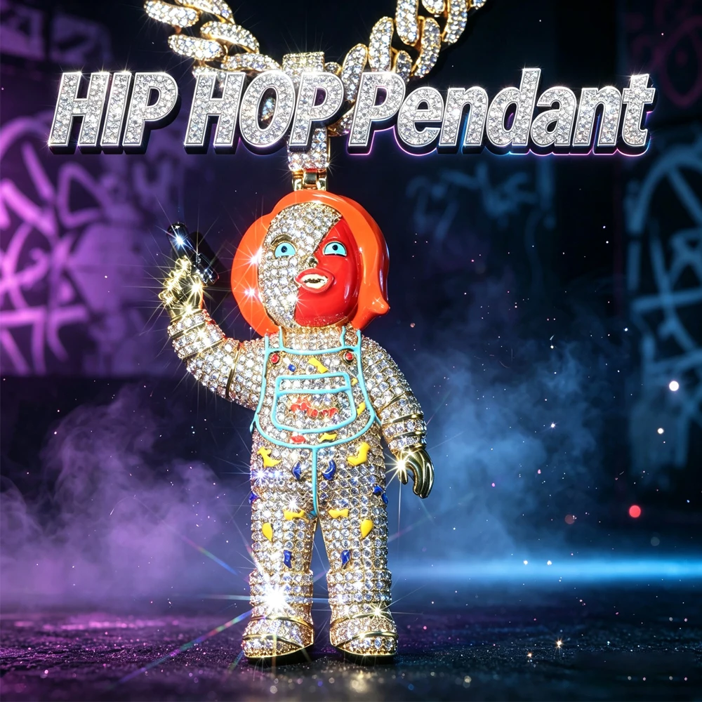 Iced Out Cartoon Character Doll Pendant 18K Gold Plated Cubic Zirconia Full Bling Hip Hop Horror Charm Cuban Chain Gothic Jewelry Rapper Streetwear Party Premium Vivid Enamel Detail Sparkling Inlay Shiny Icy Diamond Fine Jewelry Gifts for Men Boy Friends