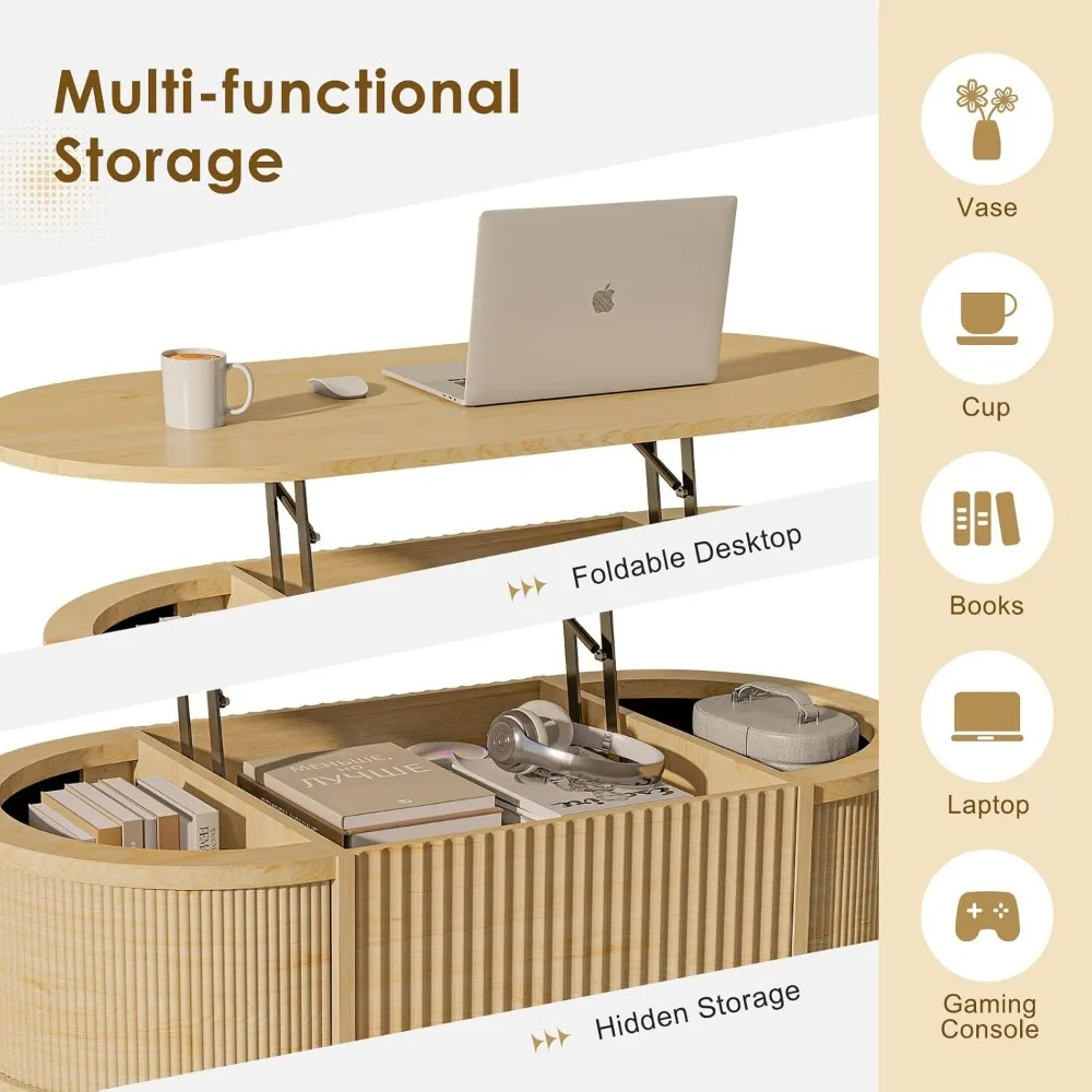 Meja Kopi Oval Modern dengan Penyimpanan Tersembunyi, Desain Bergalur untuk Ruang Tamu dan Kantor Rumah, Finishing Alami