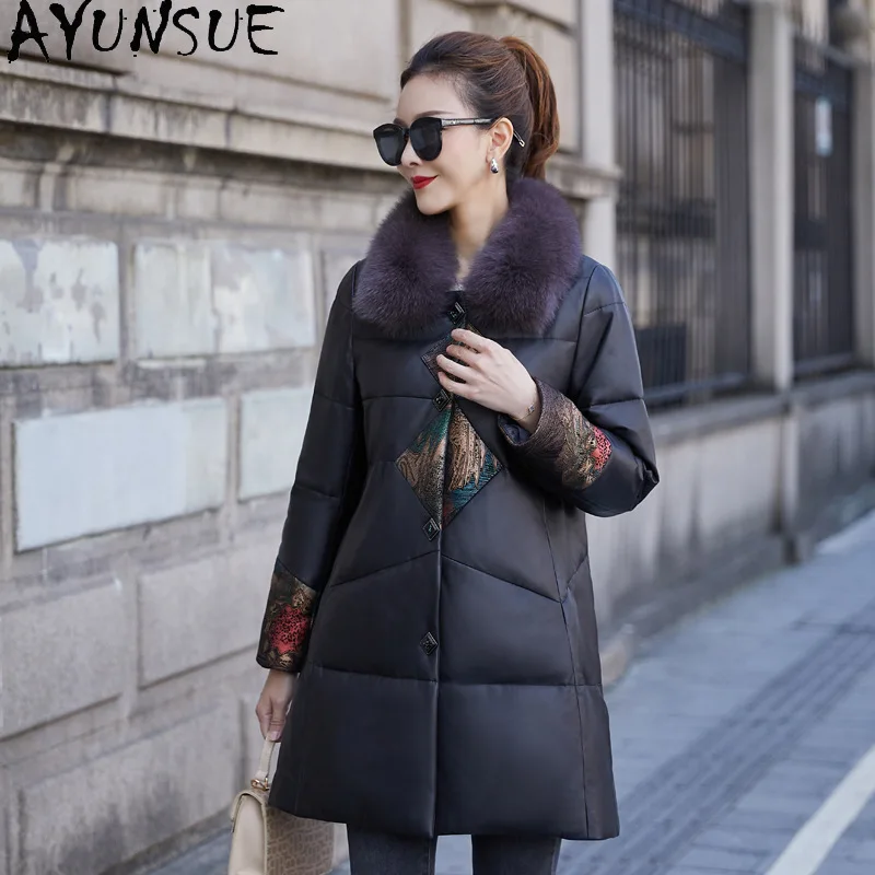 AYUNSUE 本革ダウンジャケット女性暖かいキツネの毛皮の襟冬服 2025 100% シープスキンコート女性のための Jaqueta Couro