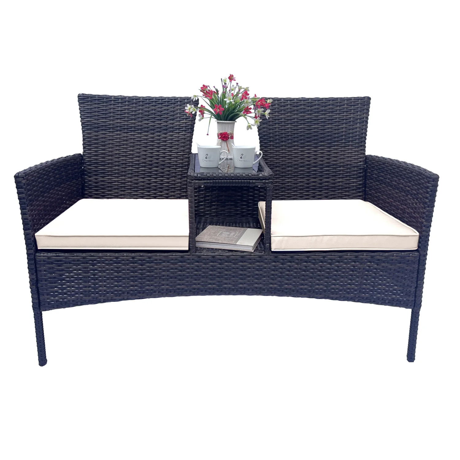 

Wicker Patio Conversation Furniture Set, Outdoor Furniture Set with Removable Cushions & Table, Tempered Glass Top, Modern Ratta