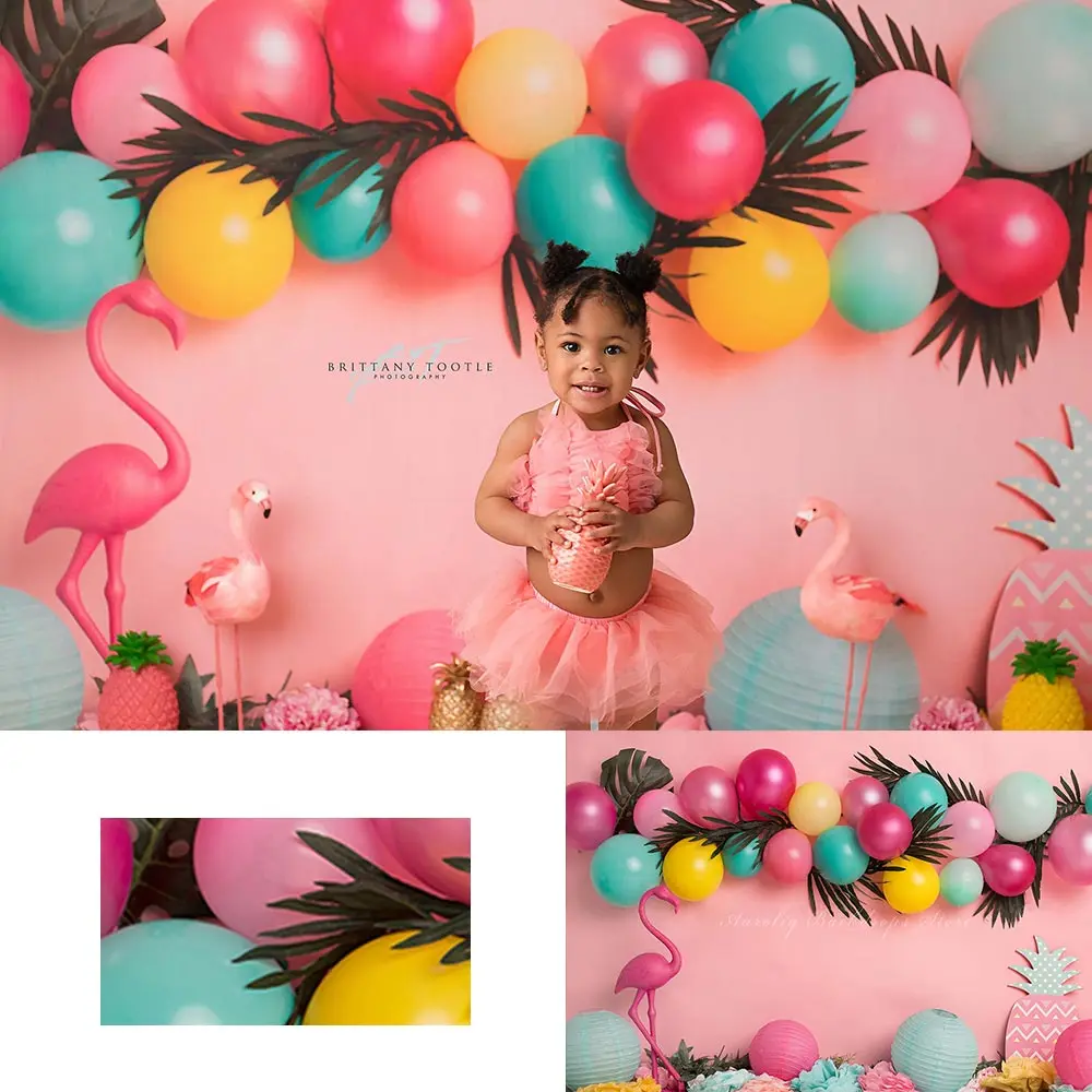 

Flamingo Backdrop Plam Leaves and Balloons Kids Baby Cake Smash Photography Props Child Adult Birthday Studio Backgrounds