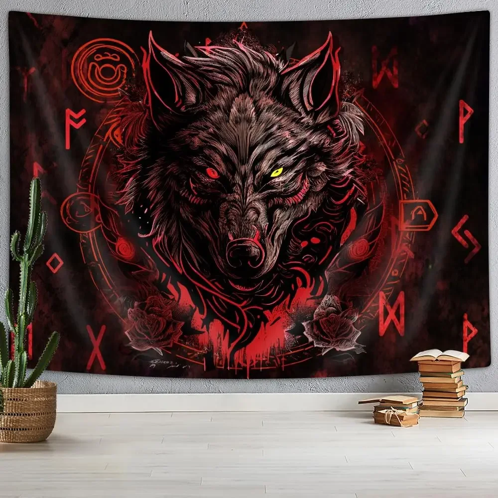 Viking Wolf Tapestry, Norse Mythology Runes Ancient Red Tapestries, Meditation Medieval Mystery Animals Ancient Art Tapestry for