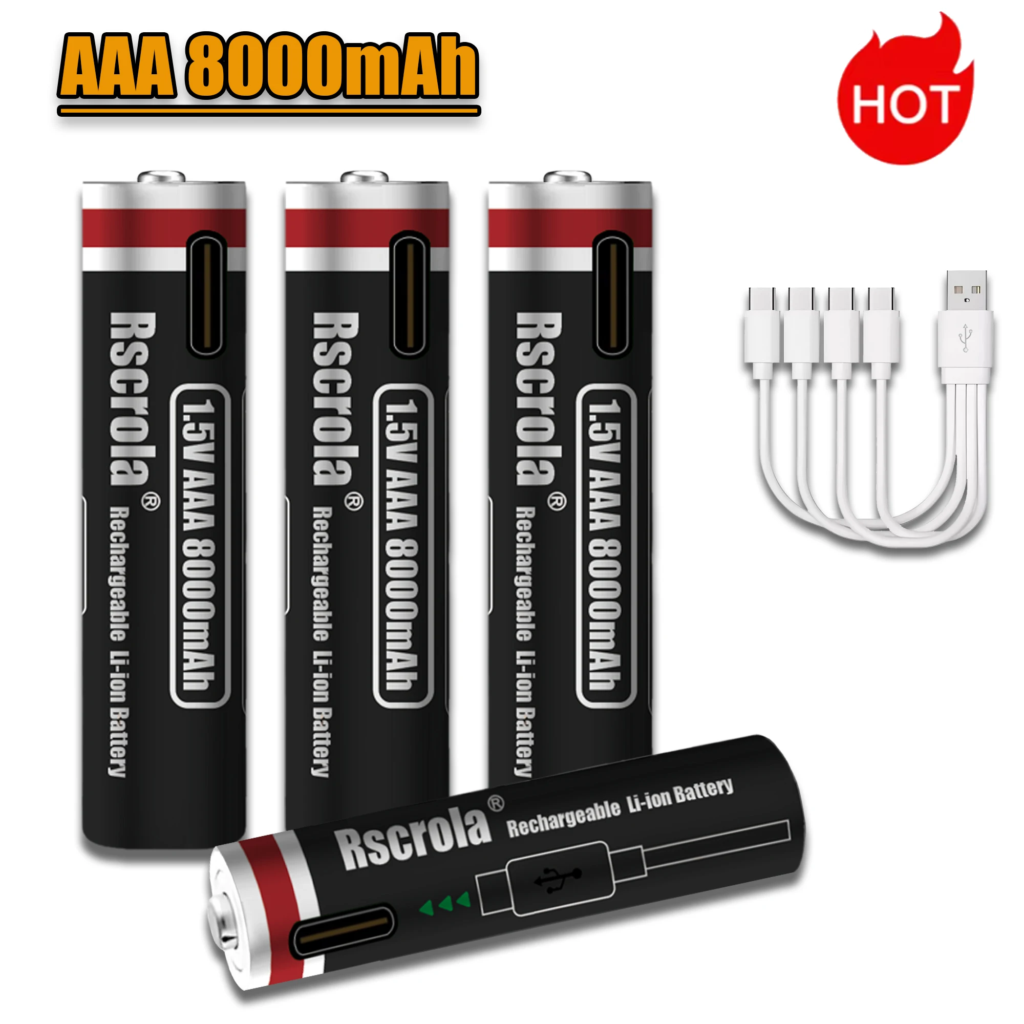 

USB Rechargeable AAA Battery Aaa 1.5V 8000mAh Lithium Batteries with 4-in-1 USB Cable for Toys Camera Flashlight