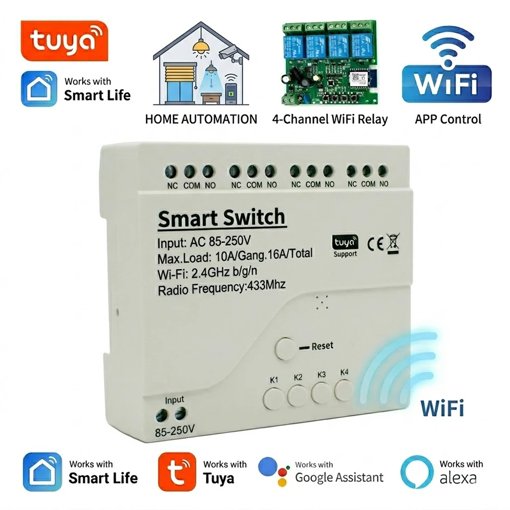 4 Channel WiFi Smart Relay Switch Module Tuya Smart Life 10A/Ch 16A/Total RF433 Voice Control Alexa Google Home Automation