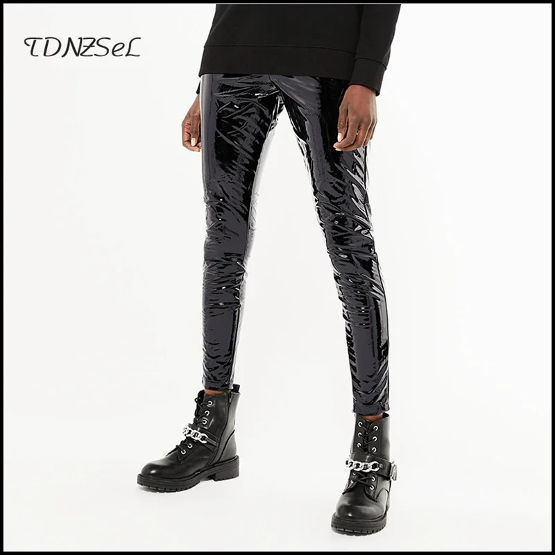 Shiny Faux Leather Women Sexy High Waist Pants Ladies Stretch Black PU Slim Leggings Pencil Pants Zipper Trousers Support Custom